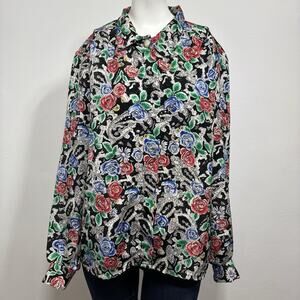 Cape Cod Button Blouse 18 Black Floral Boho Cottagecore‎ Artsy Top Statement Vtg